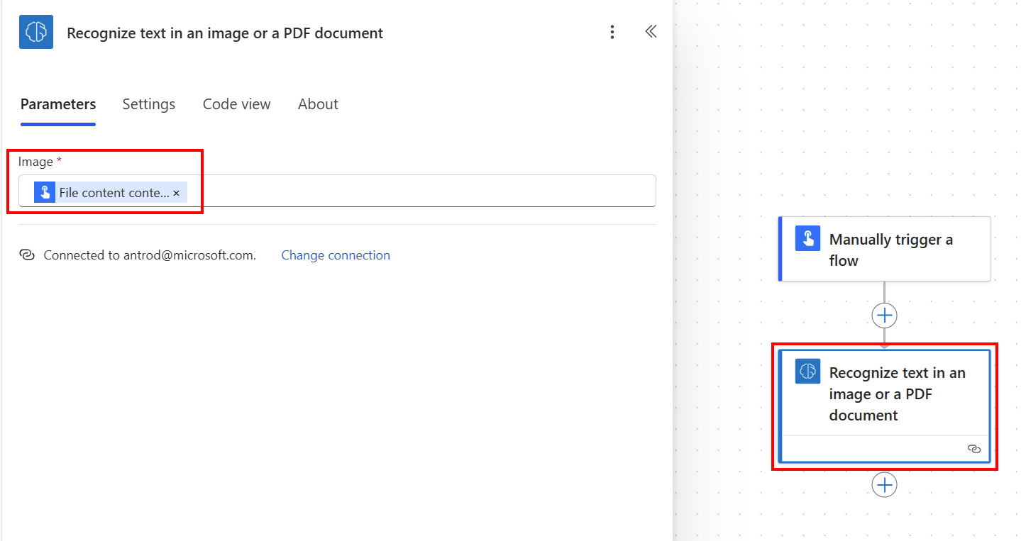 Skærmbillede af initialisering af et Power Automate-cloudflow under fanen 'Parametre'.