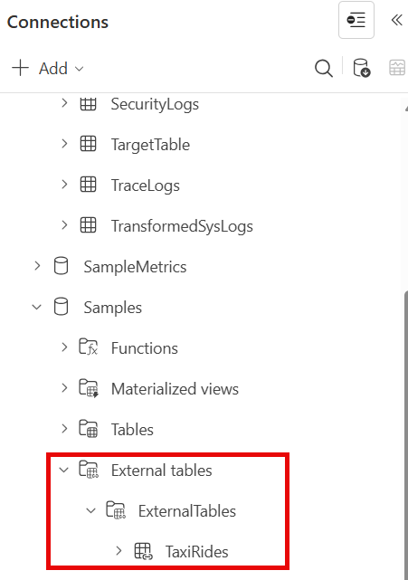 Screenshot that shows external table in Azure Data Explorer web UI.