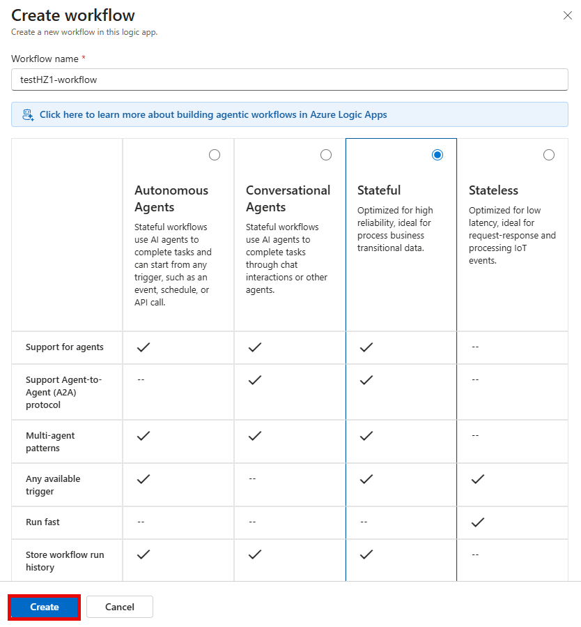 Screenshot of the New workflow page, showing the details filled out and the create button.