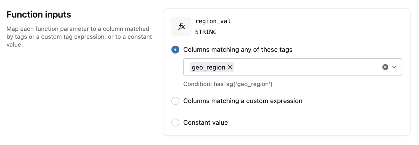 Example ABAC settings for the Function inputs section.
