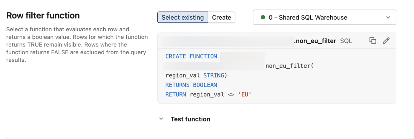 Example ABAC row filter policy settings for the Row filter function section.