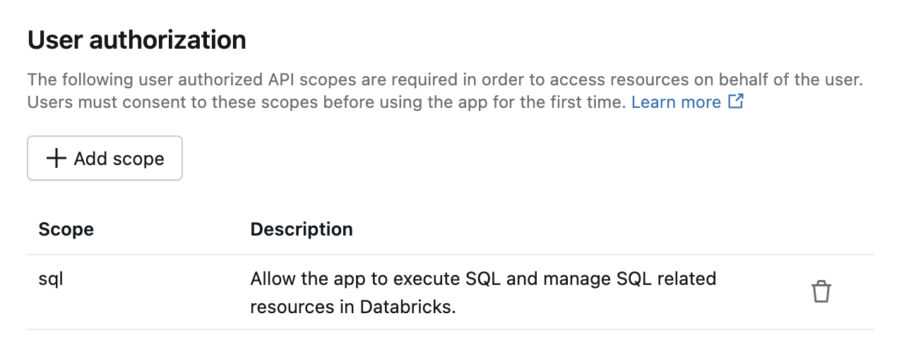 Add user authorization scopes to a Databricks app
