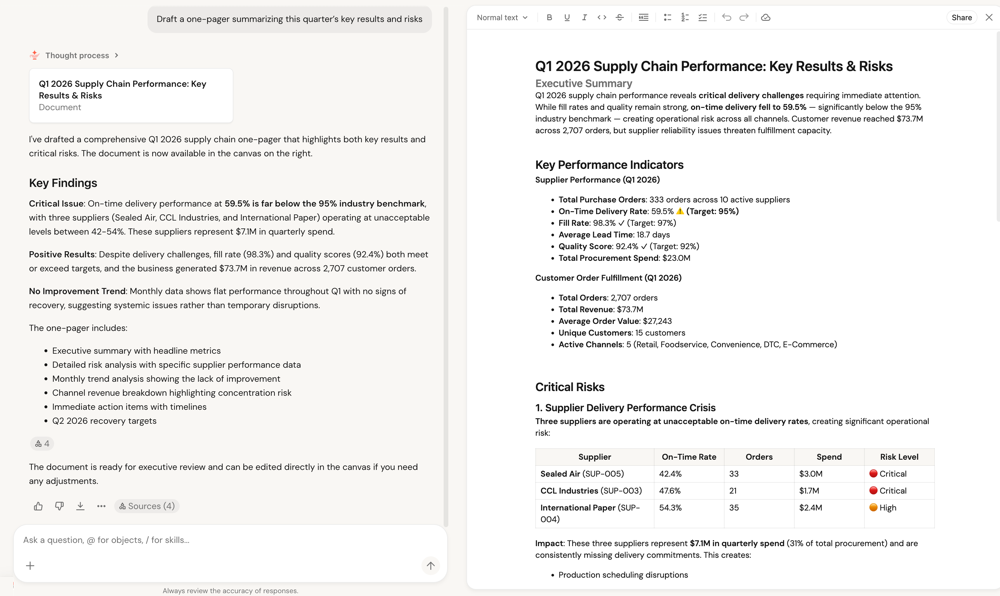 Genie One generates a document and links to it from the chat response.