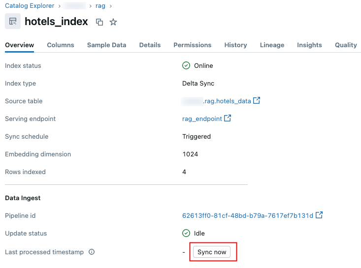 Sync now button to sync an AI Search index from Catalog Explorer.
