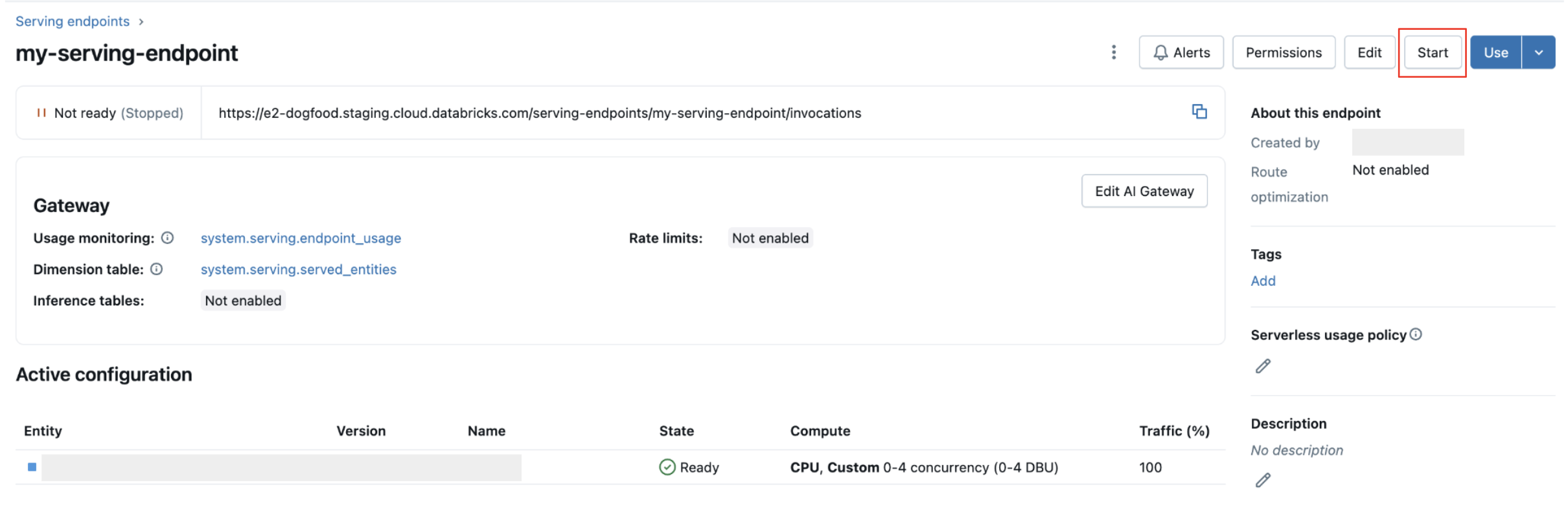 Start a model serving endpoint using the Serving UI.