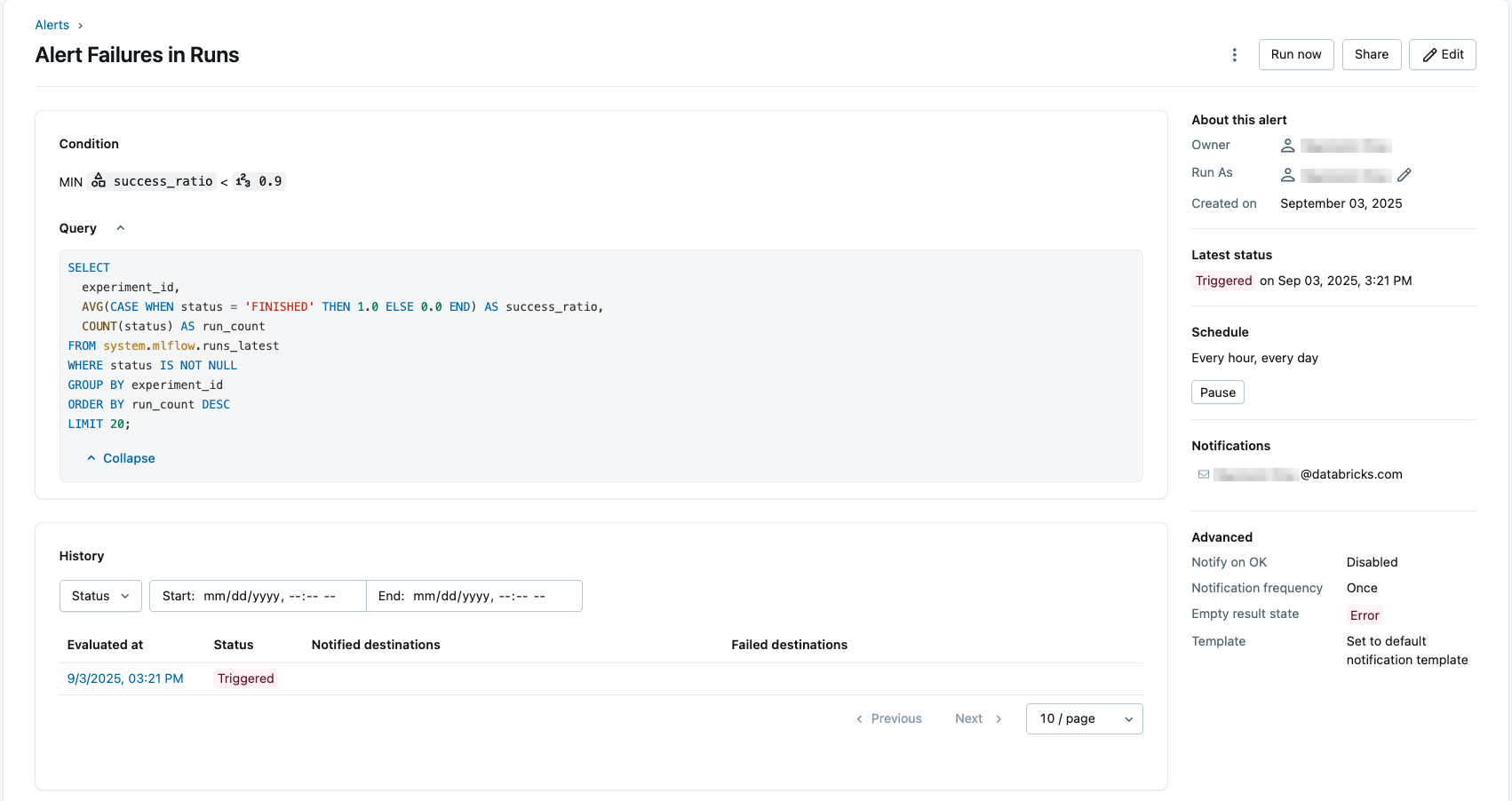 SQL alert configuration