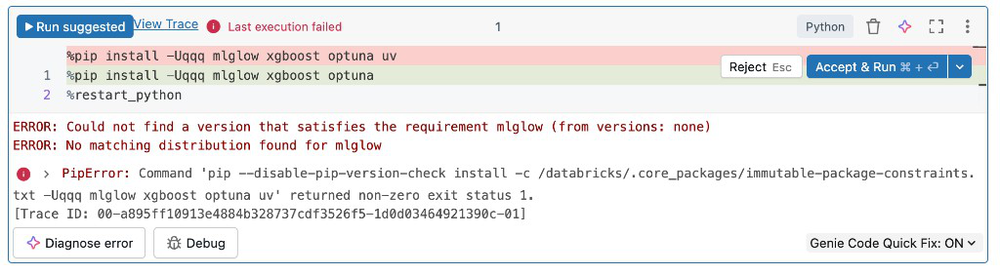 Screenshot of Genie Code inline bug fix UI.