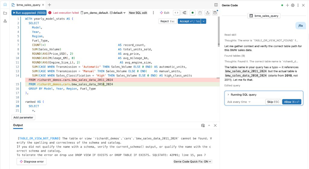 Genie Code debugging example in SQL.