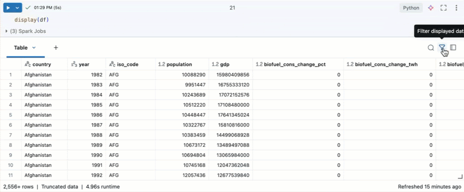 Filter the table output using Genie Code.