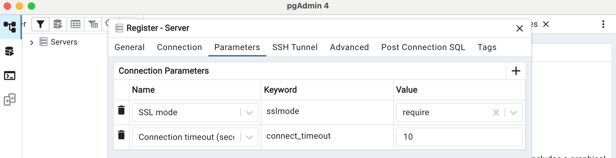pgadmin parameters tab ssl