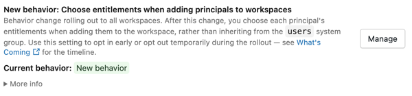 Access control workspace setting after opt-in showing the new behavior is active.