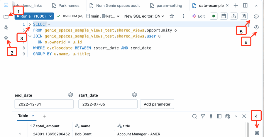 SQL editor with numbered callouts marking the workspace file browser, Databricks Assistant pane, code collapse arrow, command palette, code comments tool, and version history.