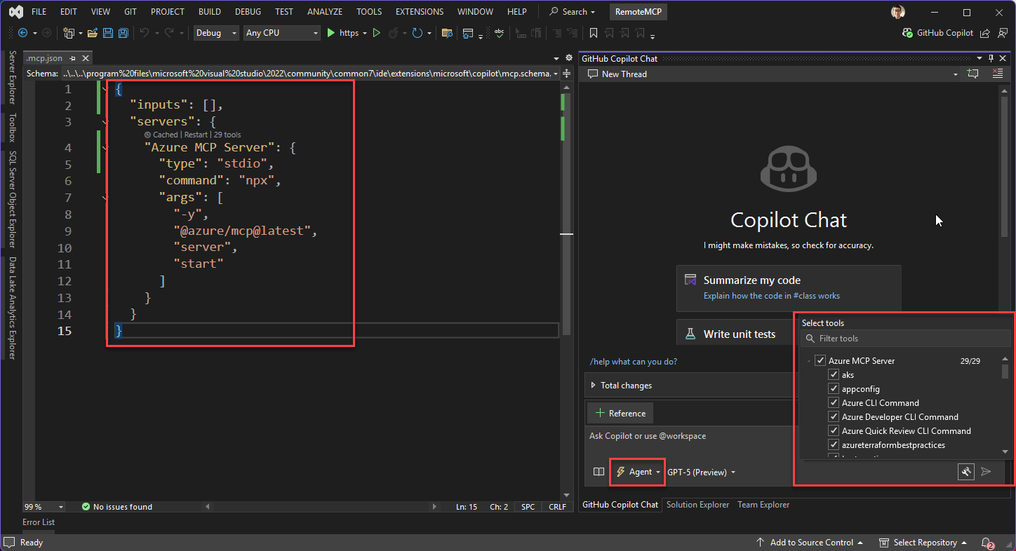 A screenshot showing how to configure Azure MCP Server in Visual Studio.