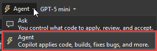 Screenshot that shows the mode menu in the chat area in Visual Studio 2022.
