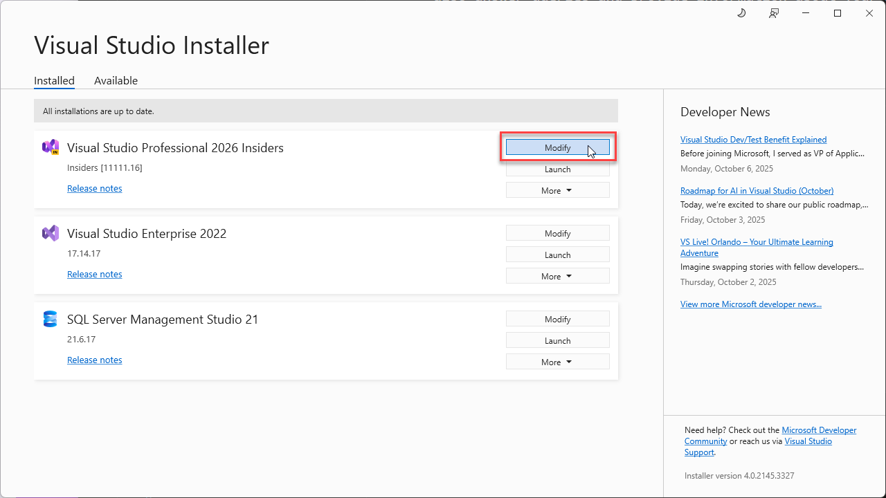 Screenshot that shows the Visual Studio Installer with the Modify button highlighted.