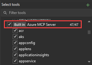 Screenshot that shows the select tools dialog with the Azure MCP Server node checked.