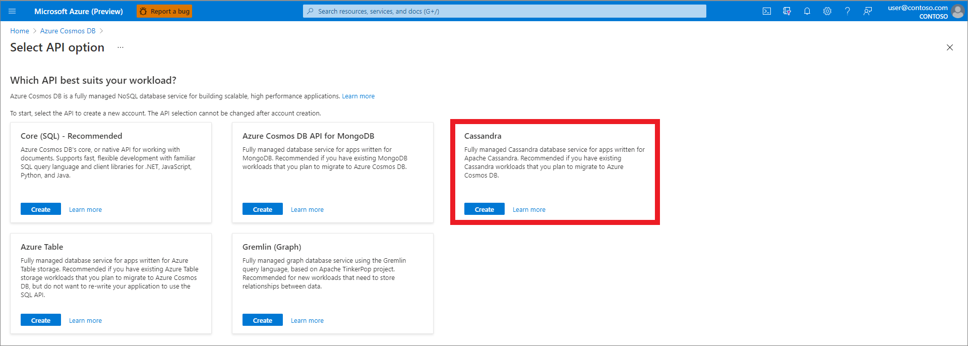 Screenshot of the Azure portal API option page with Cassandra selected.