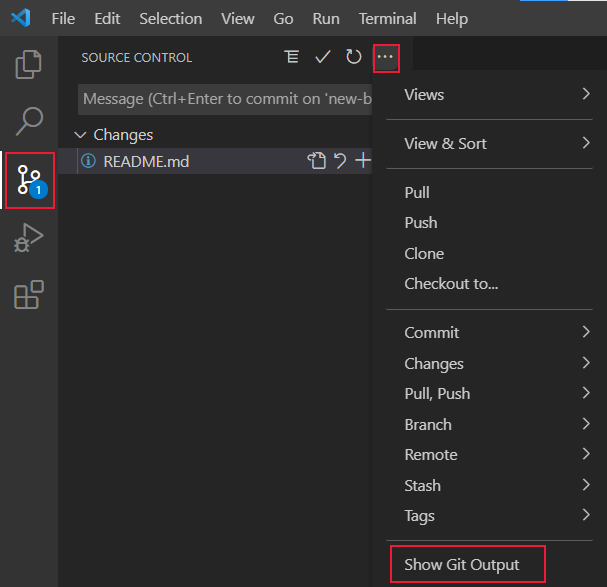 Screenshot of Visual Studio Code source control with the Show Git Output selection highlighted.