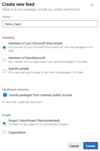 Screenshot showing how to create a new feed in Azure DevOps Services.