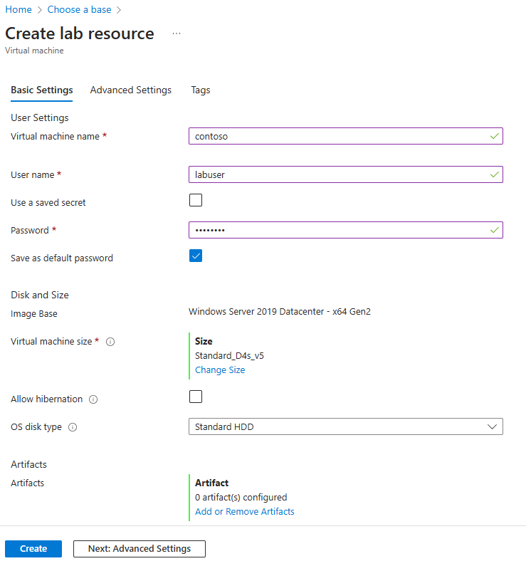 Screenshot of the Basic Settings tab for creating a VM.