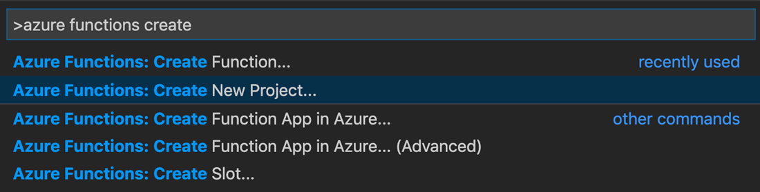 Screenshot of the command palette in Visual Studio Code showing the option to create a Functions project.