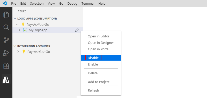 Screenshot that shows Visual Studio Code and how to disable a logic app resource.