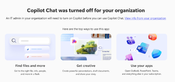 Screenshot: Image showing what users will see if they've been blocked from Copilot by their administrator..