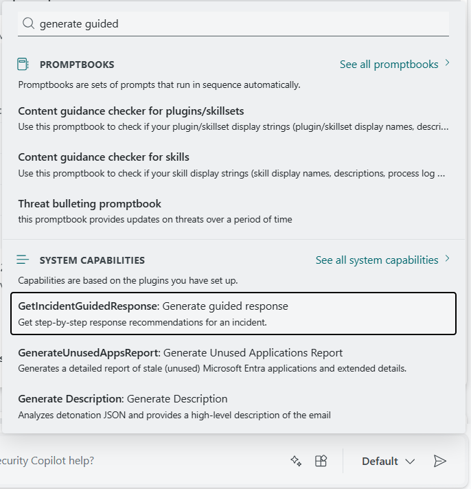 Screenshot showing filtered list of system capabilities for the Microsoft Defender XDR plugin.
