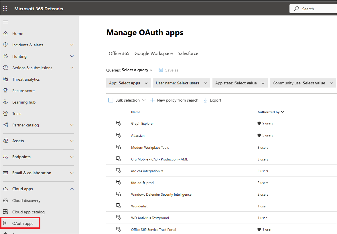 Screenshot of the OAuth apps page showing app permissions, including permissions level, app state, community use, and authorization details.