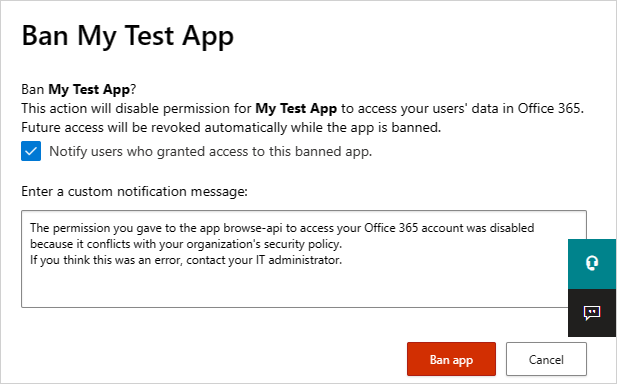 Screenshot of the ban app dialog with the option to notify users who granted access to the banned app.