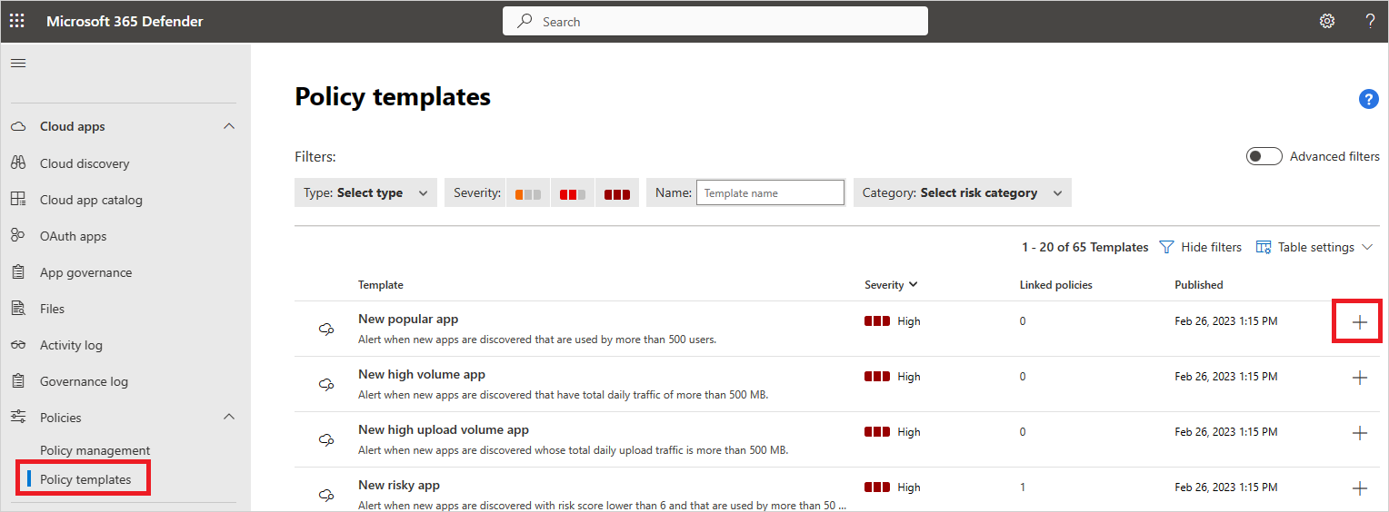 Screenshot of the Policy templates page in Defender for Cloud Apps.
