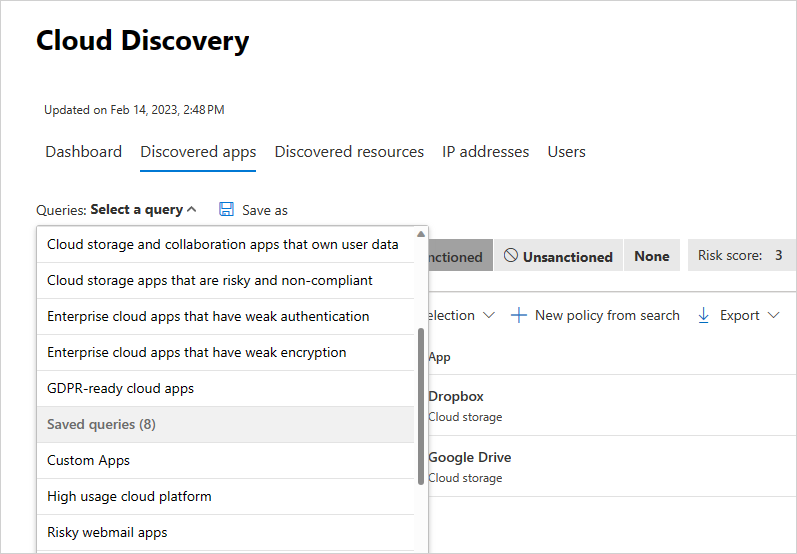 Screenshot of the Saved queries list for selecting a previously saved discovered app query.