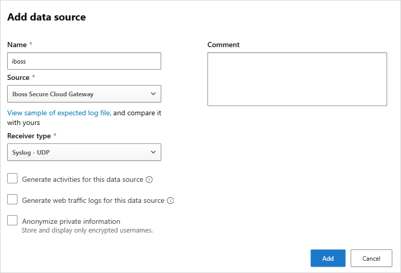 Screenshot of the Add data source page with iboss Secure Cloud Gateway selected and Syslog UDP receiver type configured.
