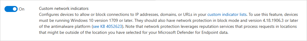 Screenshot of the Advanced features settings page in Microsoft Defender XDR with the Custom network indicators toggle.