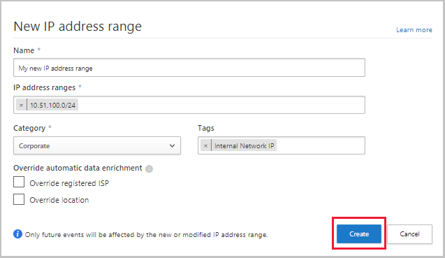 Screenshot showing the dialog to create a new IP address range in Defender for Cloud Apps.
