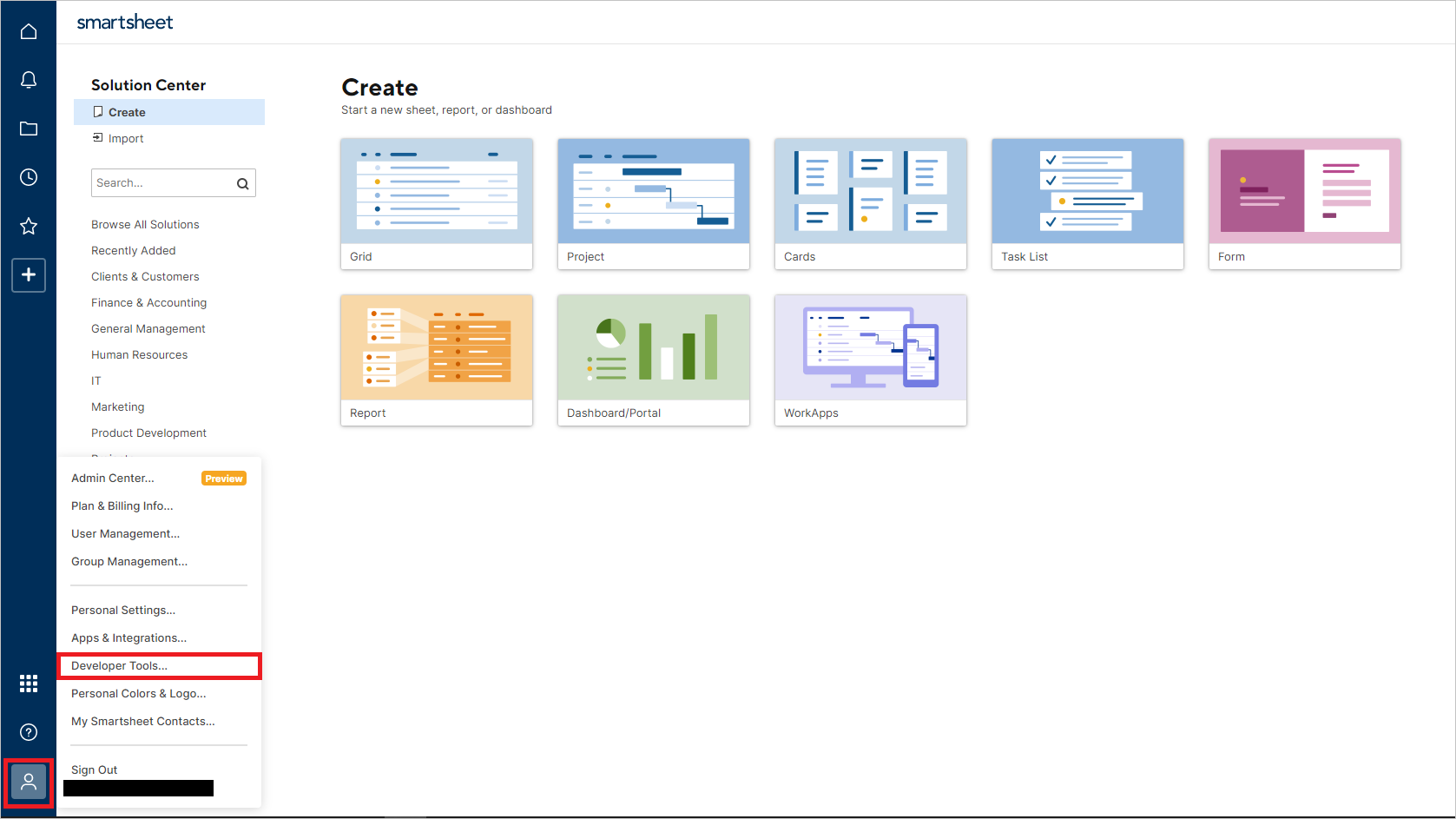 Screenshot of the Smartsheet menu with the Developer Tools option selected.