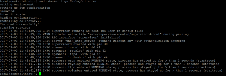 Screenshot of docker logs output displaying the Finished successfully message, confirming the log collector is running.