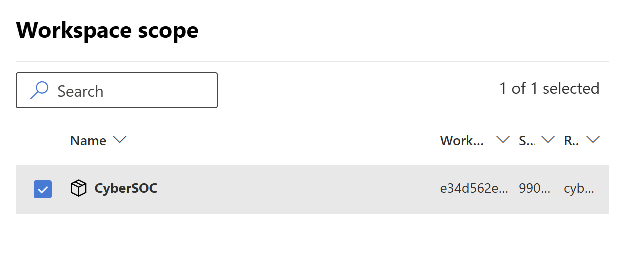 Screenshot of selecting a Microsoft Sentinel workspace scope.