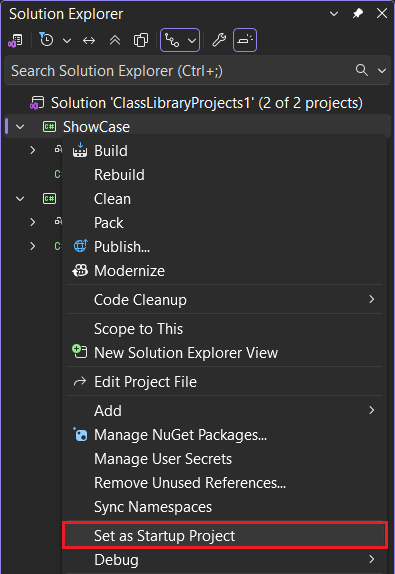 Visual Studio project context menu to set startup project