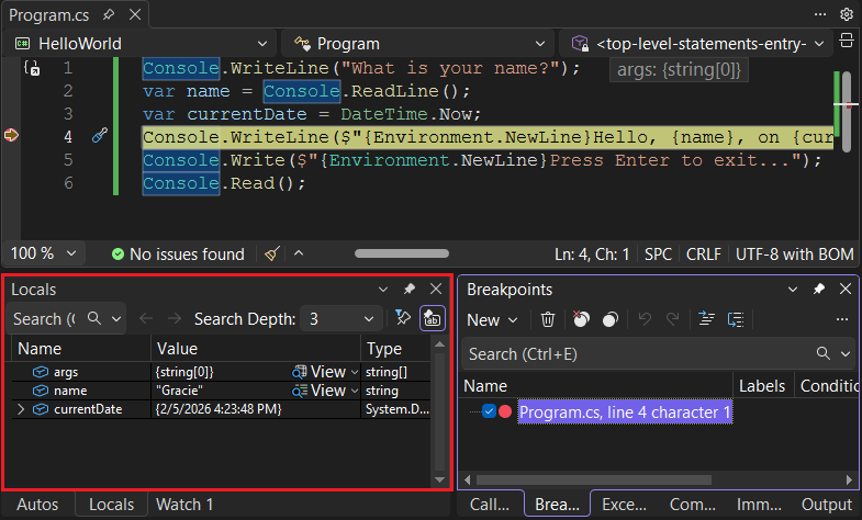 Screenshot of a breakpoint in Visual Studio