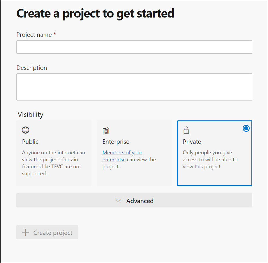 Screenshot of Azure DevOps Create a project to get started page with Private visibility selected.