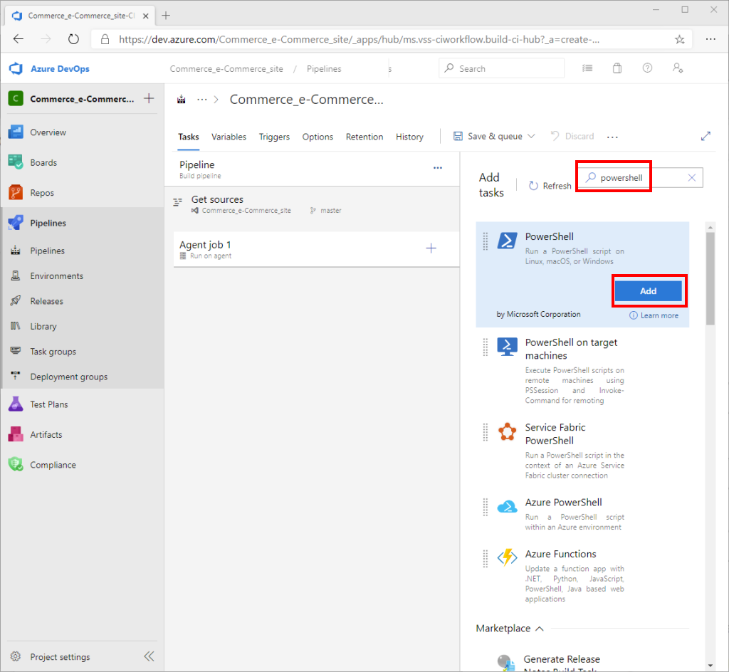 Screenshot of Azure DevOps Add tasks pane with search box and PowerShell task Add button highlighted.