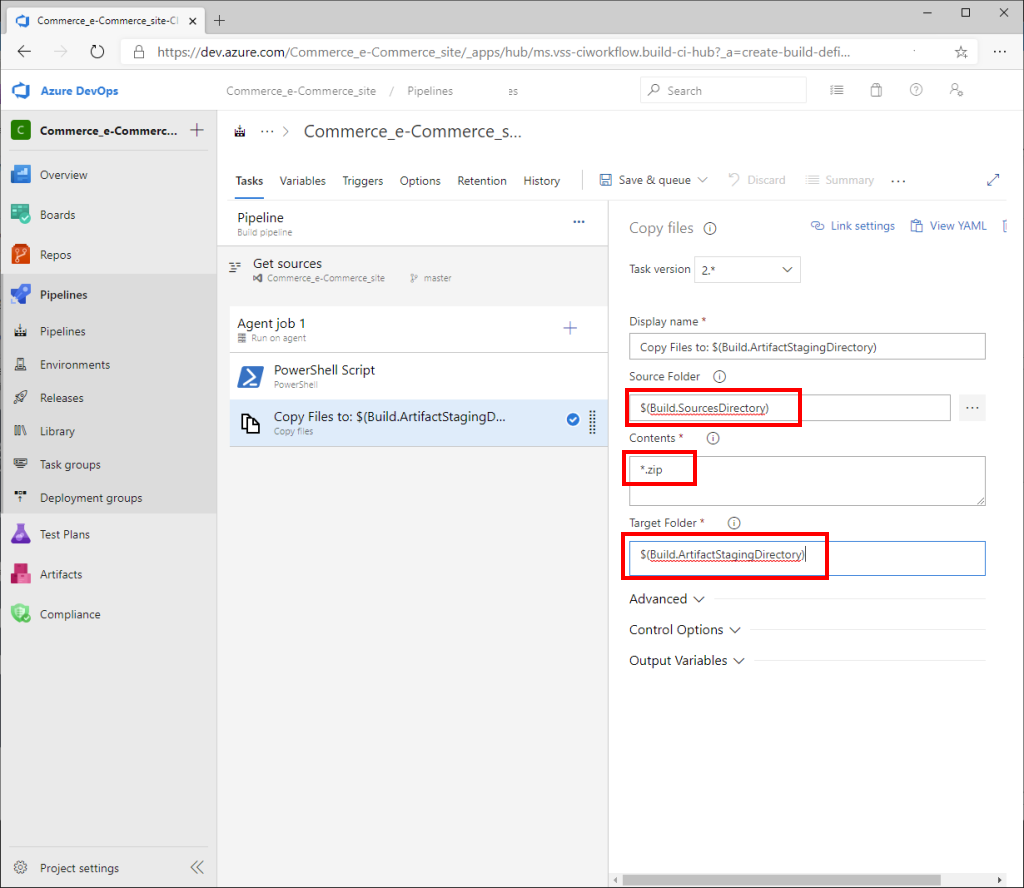 Screenshot of Azure DevOps Copy files pane with Source Folder, Contents, and Target Folder fields highlighted.