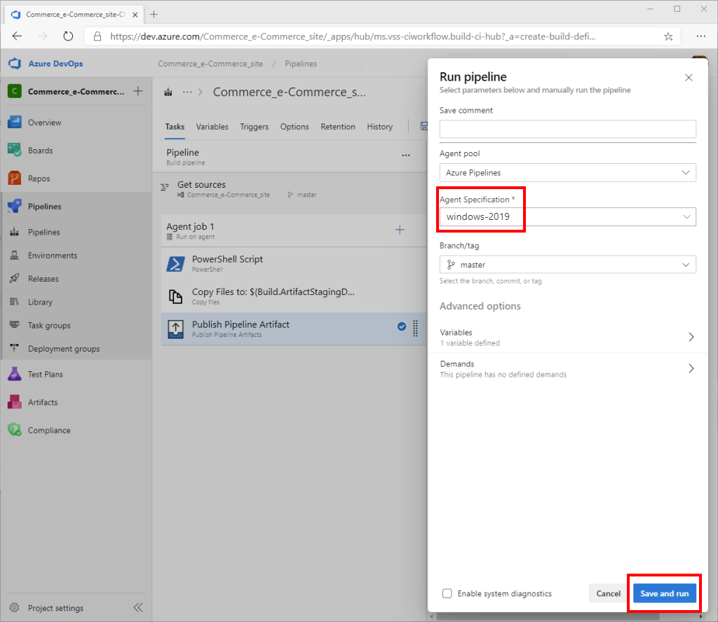 Screenshot of Run pipeline dialog box with Agent specification field and Save and run button highlighted.