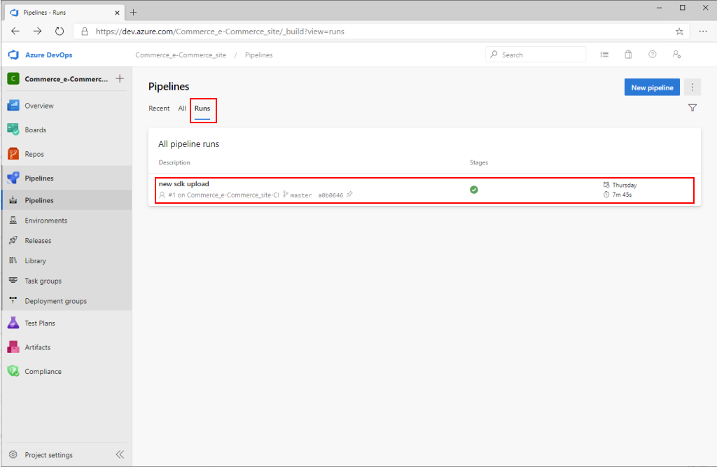 Screenshot of Azure Pipelines page with Runs tab and pipeline run highlighted.