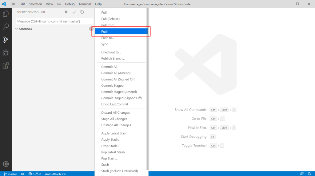 Screenshot of Push item highlighted on the flyout menu in Visual Studio Code.