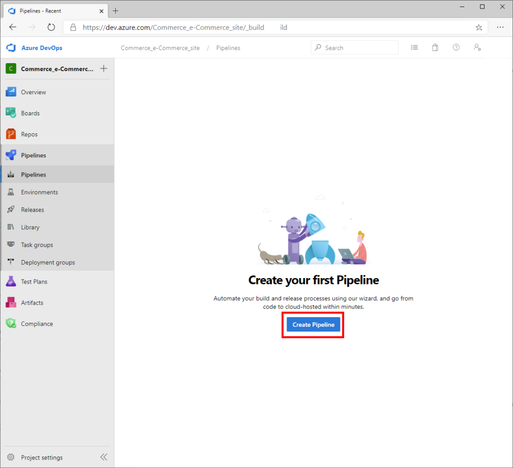 Screenshot of Azure Pipelines page with Create Pipeline highlighted.