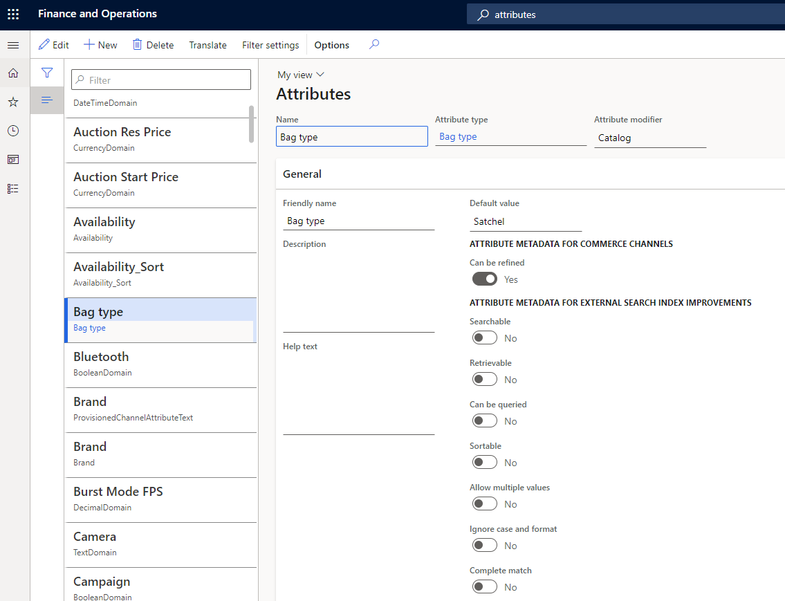 Skærmbillede af siden Attributter i Commerce-hovedkvarteret.