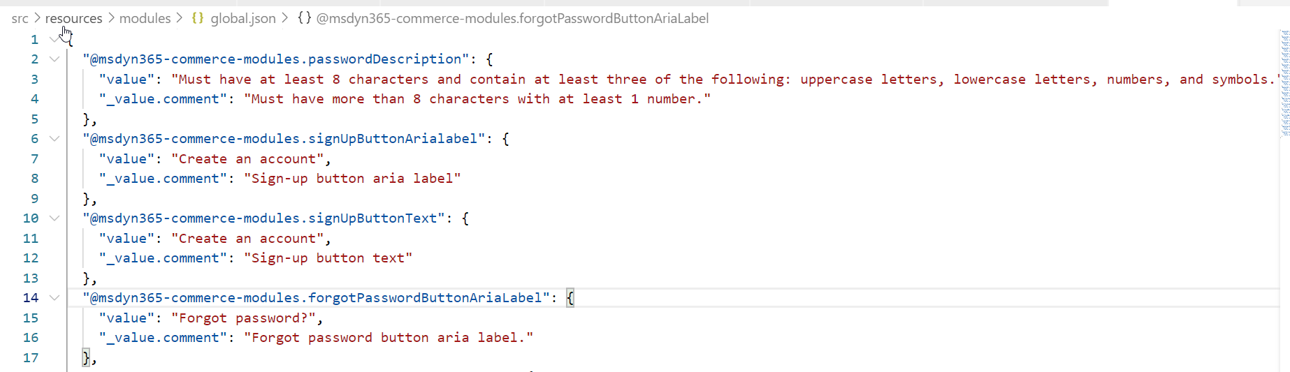 Skærmbillede af opdateret linktekst i global.json-filen for logonmodulet.