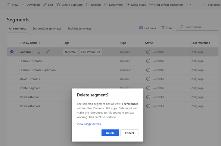 Skærmbillede af dialogboksen for at bekræfte segmentsletning, når et segment bruges i en Dataverse-applikation.